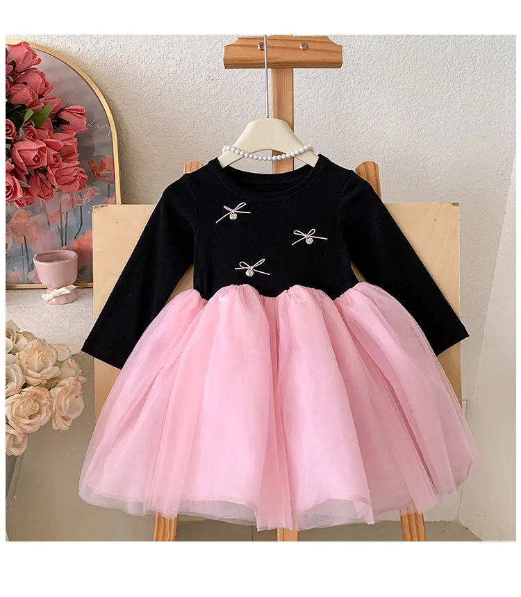 2026 New Baby Fall Girls Boutique Bow long Sleeve Dress , Princess Kids Sweet Fashion Party Dress  2-8 T