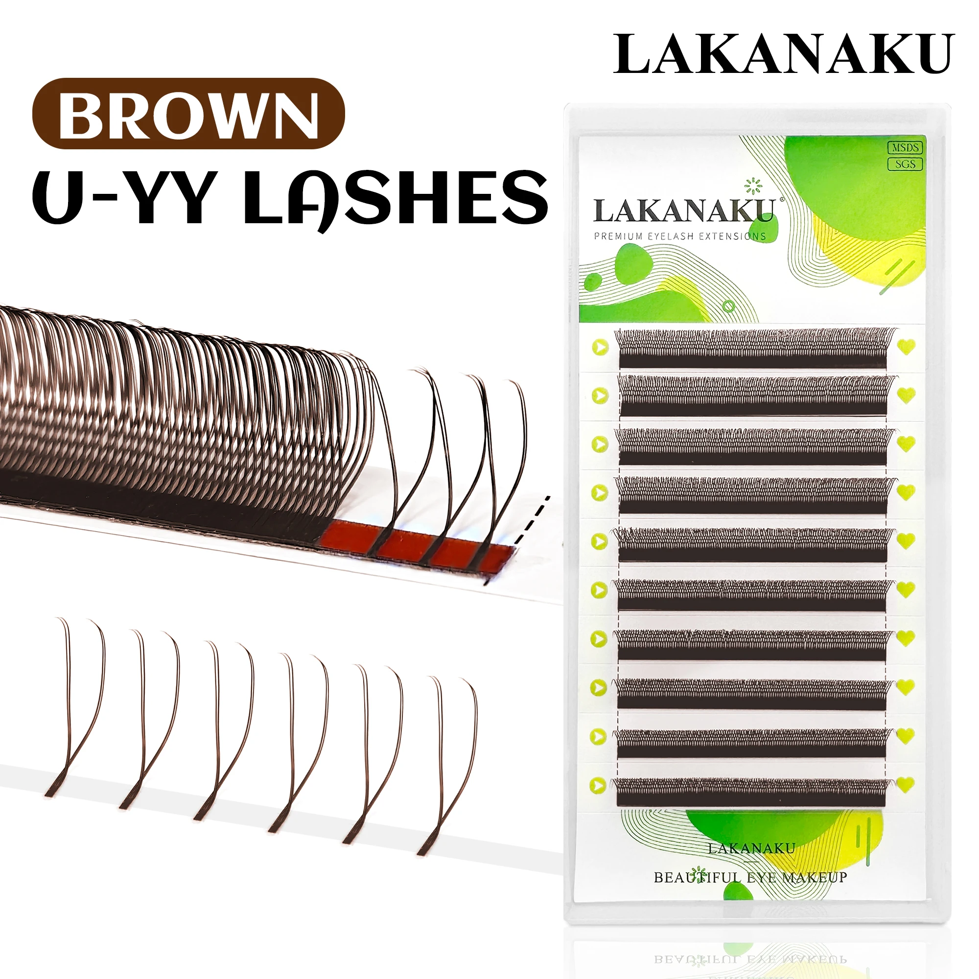 LAKANAKU Schwarzbraune U-Form YY Wimpern Weiche Fio YY Cilios 2D Vorgefertigte Fächerwimpern Wimpernverlängerung