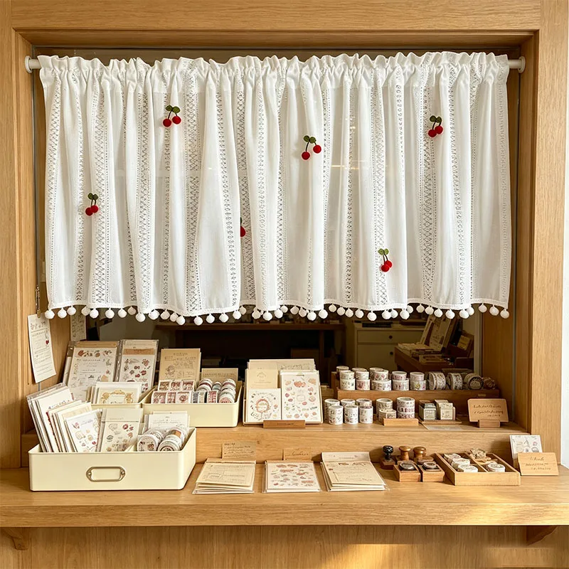 1pc Cream Wood Ins Style See-through Lace Window Drape, Vertical Hollow Texture Short Valance Decorated with Pair Cherry Charms