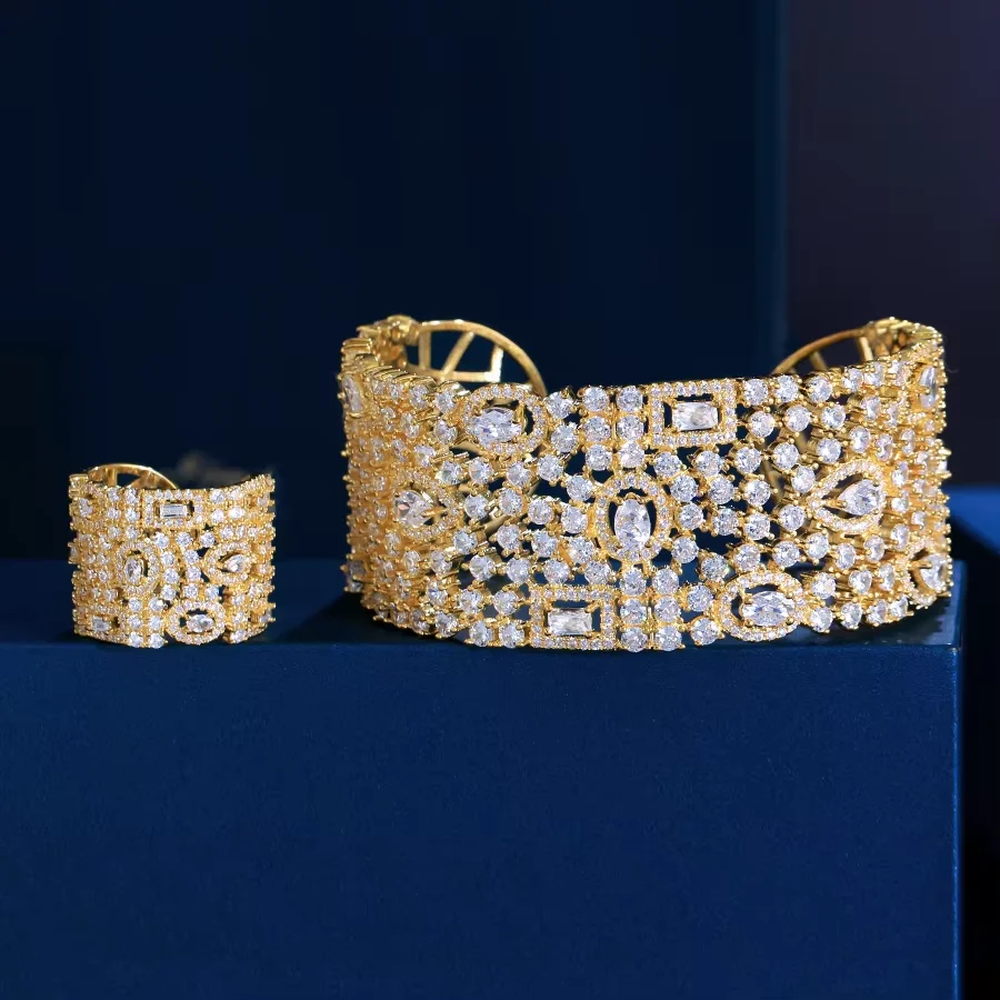 CWWZircons Luxuriöser, massiver Armreif mit Zirkonia-Einlage und breitem, offenem Ring, Dubai Hochzeit Brautparty Schmuckset T0190 – Detail 8