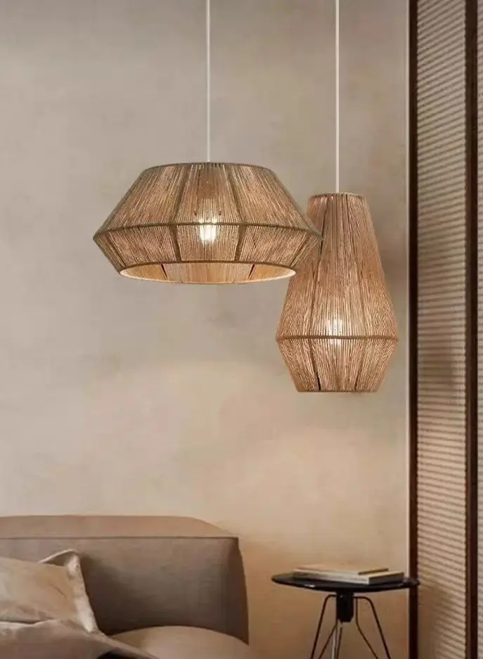 

Vintage Hand-woven Rattan Lamp Retro Pendant Light Restaurant Decoration Hemp Rope Living Room Kitchen Lighting Fixture