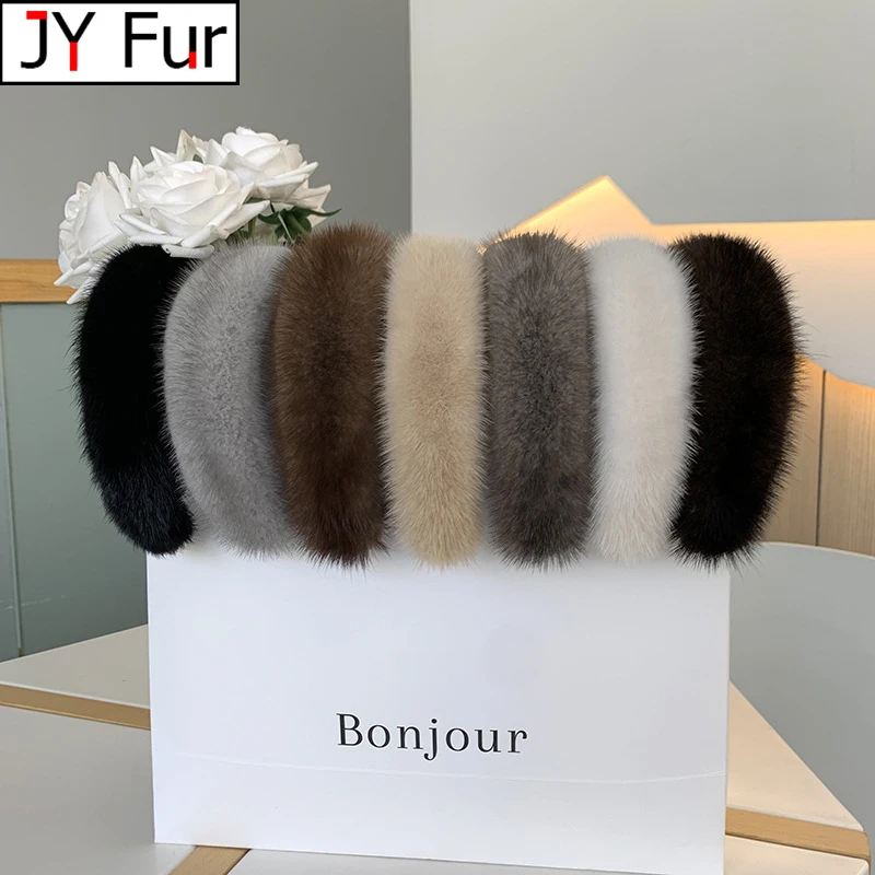 

New Winter Real Mink Fur Headband For Women Hair Accessories Solid Head Wraps Warm Furry Gift