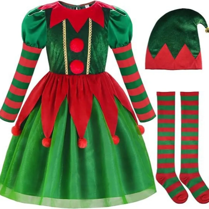 

Children's Girl Elf Party Christmas Role Playing Costume Green Elf Santa Hat Long Sleeve Dress Set Dance Performance Costume