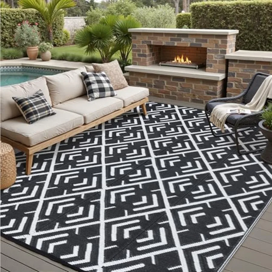 

RV outdoor rug waterproof mat for patios and camping, plastic straw material, black white geometric pattern, 8x10 ft large size