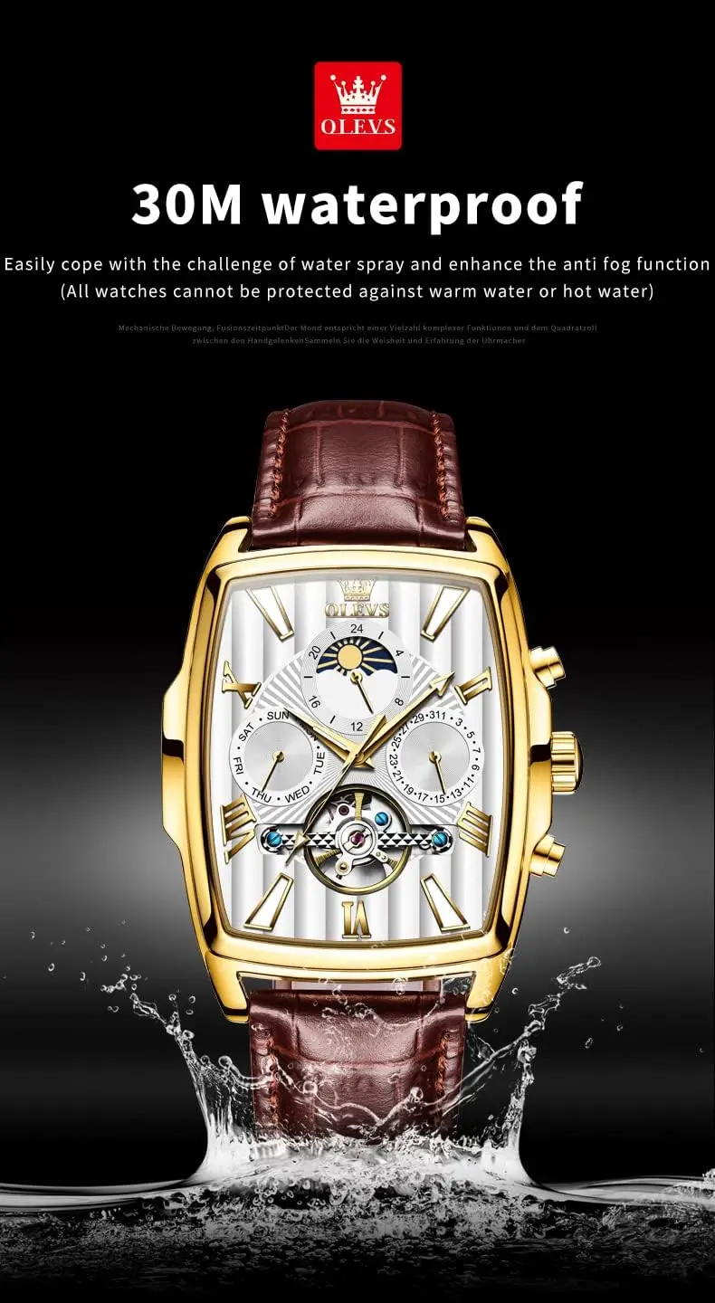 ساعة رجالية مربعة أوتوماتيكية مع مرحلة القمر، تصميم هيكل عظمي، حزام جلد بني، مقاومة للماء ومضيئة