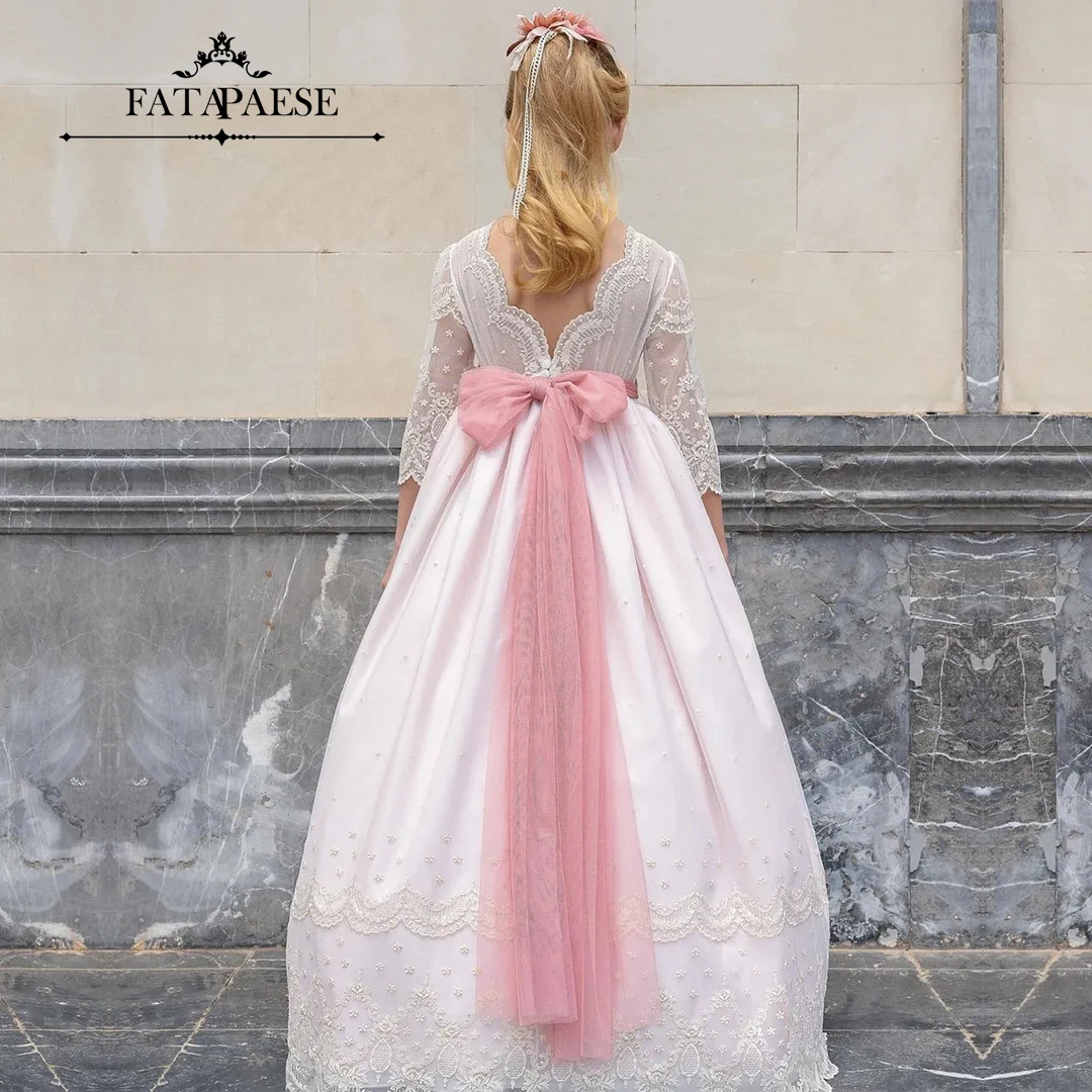 

FATAPAESE Customized Communion Dress Long Sleeve Maxi Flowing Multi-layer Embroidery Floral Skirt With Pink Flower Ribbon Belt