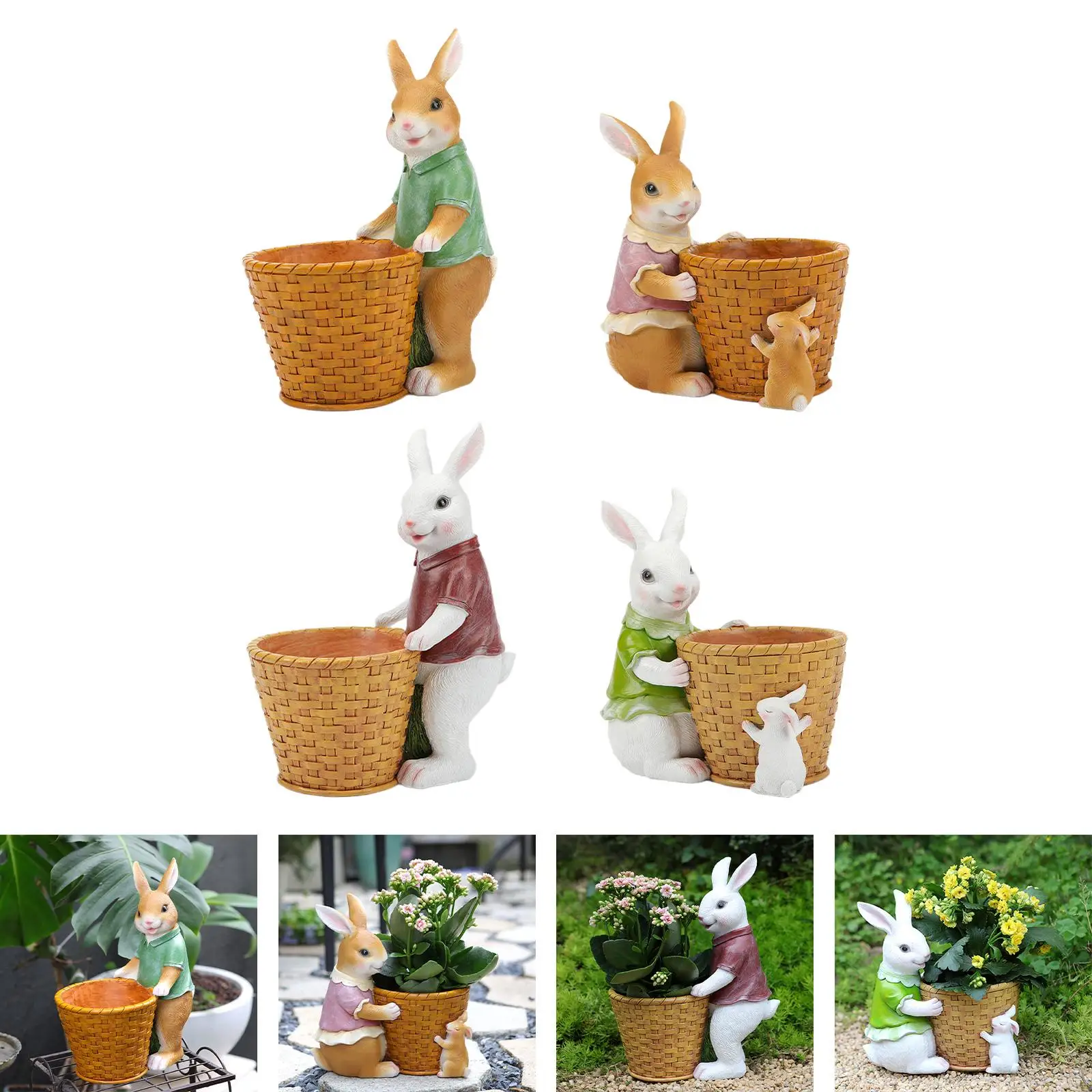 

Plant Pot Gift with Drainage Hole Flower Pot Resin Rabbit with Basket for Indoor Plants Countryside Windowsill Living Room Home