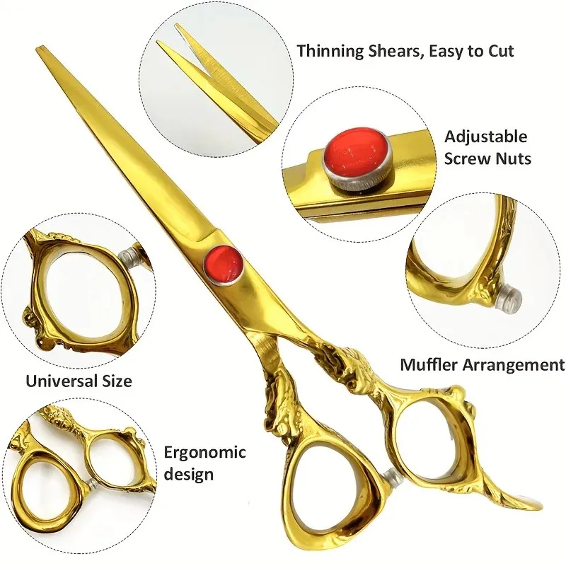 6 Inch Professional Barber Scissors Kit With Golden Dragon Handle Hairdressing Scissors Titanium Plated Thinning Scissors
