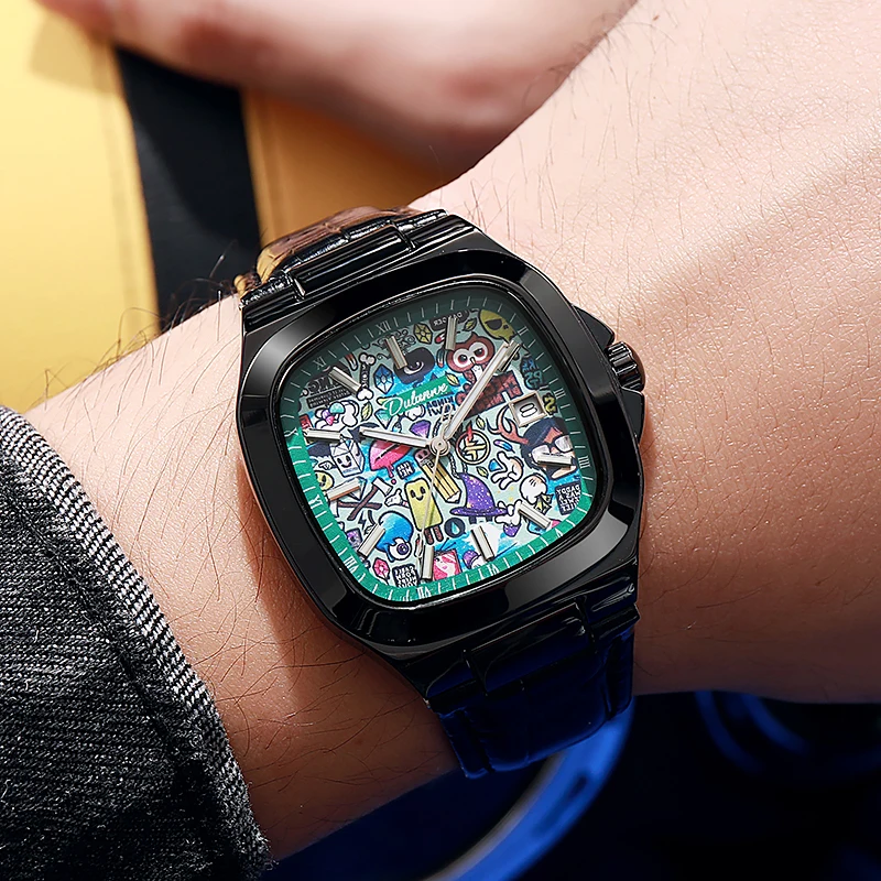 New Graffiti Dial Men's Automatic Square Watch Waterproof Calendar Leather Strap Leisure Business Mechanical Watch for Men