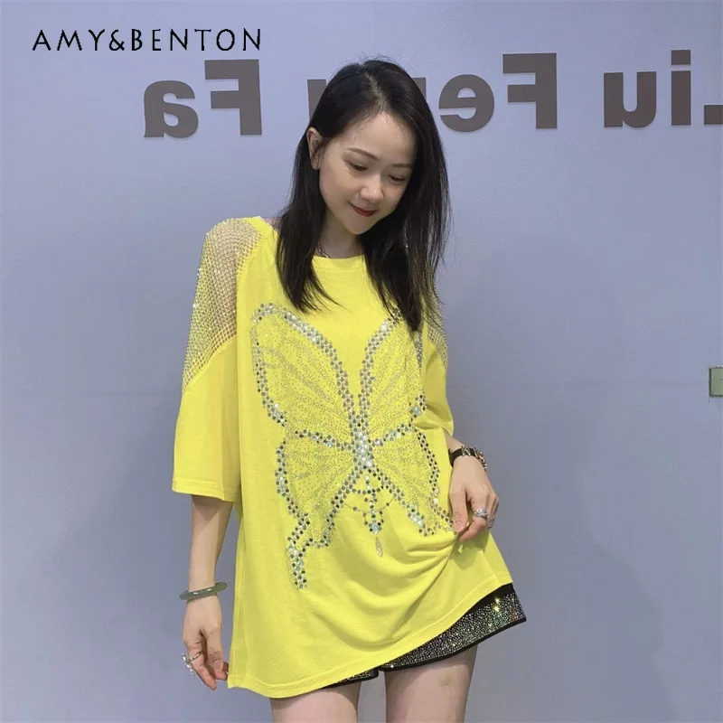 

American Heavy Industry Diamond Drills Short-sleeved Top Off-the-shoulder T-shirt Women's Loose Casual Top Kawaii Tees Pullovers