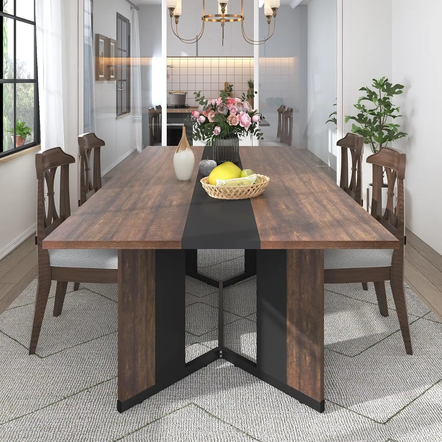 71In Large Rectangular Dining Table for 4 5 6 7 8 People w/35 Marble-Color Wood Watrproof Brown Tabletop,Adjustable Leg.6ft