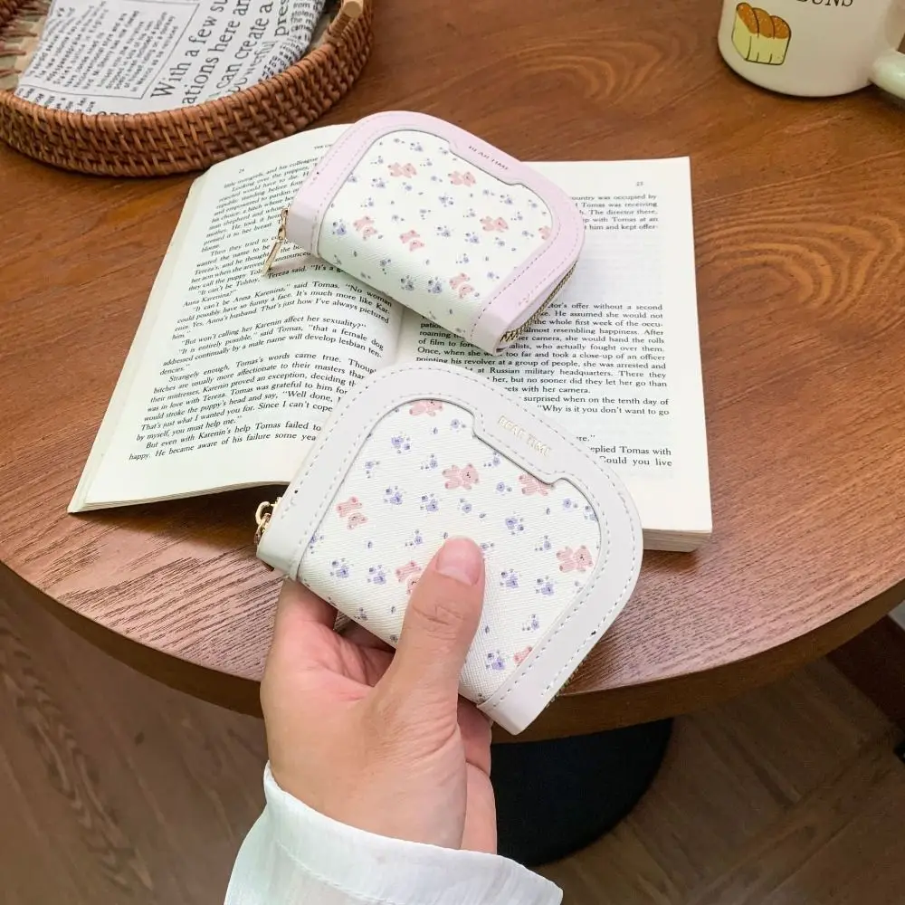 Stylish PU Bear Print Coin Purse Zippered Lightweight Small Card Wallet Multi-Slot Portable Cute Mini Pouch Ladies