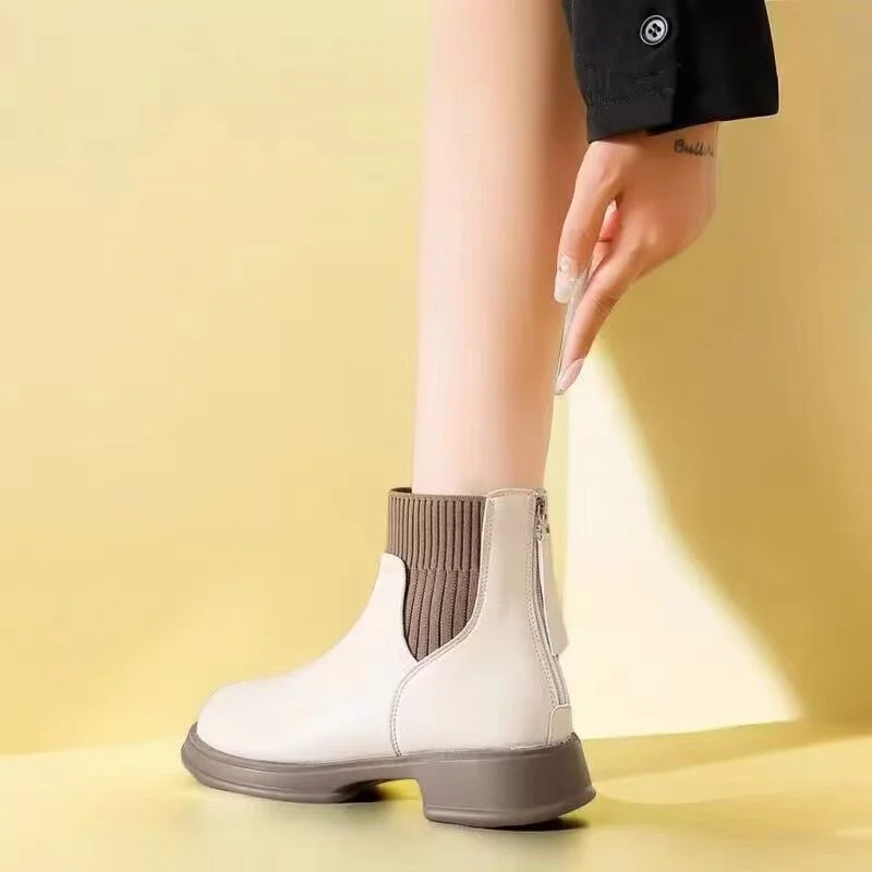 2024 Black Women Shoes Short Boots Women Genuine Leather Splicing Round Toe Slip-On Boots Woman Comfy Flat Chelsea Boots Woman