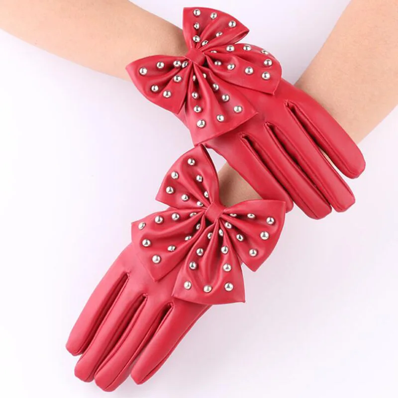 Fashion Female Full Finger Punk Rivet Dance Gloves Women Sport Fitness PU Leather Bow Mittens Luvas Gloves Guantes S85