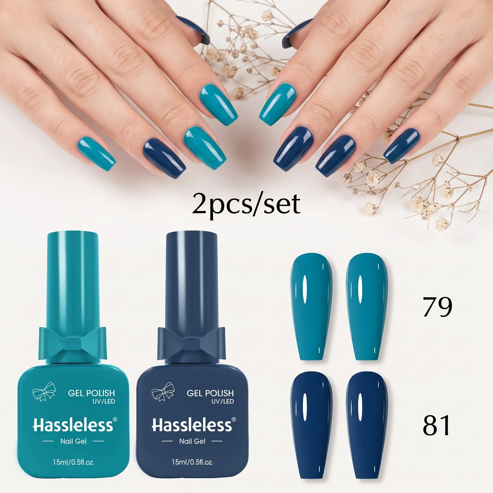 Hassleless Premium Lake Green Deep Sea Blue 2-Piece Armor Gel Polish Set, Featuring Bright Peacock Lake Green and Calm Deep Sea Blue, Two Trendy Autumn/Winter Color Shades That Enhance Complexion, Apply Smoothly and Co