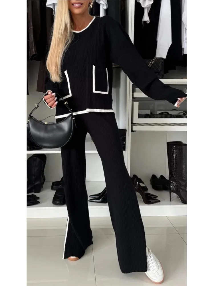 Fashion Knitted Pocket Two Piece Sets Autumn Winter Casual Women O-neck Long Sleeved Top + Pants Set Elegant Homewear Loose Suit