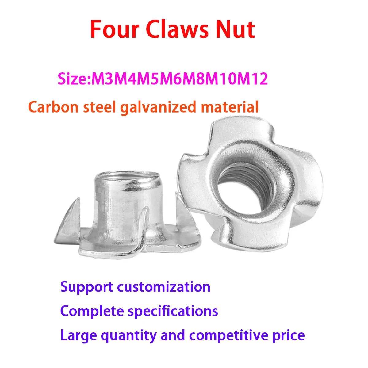 

10/ 50pcs Galvanized Four Claws Nut T-nut Blind Pronged Insert T-Nut for Wood Furniture Hardware M3 M4 M5 M6 M8 M10 M12