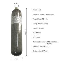 Acecare 4500Psi 300Bar 30Mpa 2L Carbon Fiber Cylinder HPA Air Tank Mini Scuba Diving Tank for firefighting Diving M18*1.5