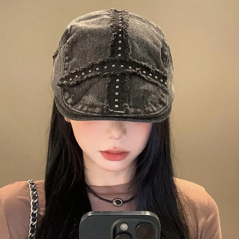 American Rivet Design Black Forward Hats for Women and Men Summer Casual Versatile Street Trend Retro Washed Denim Berets Y2k