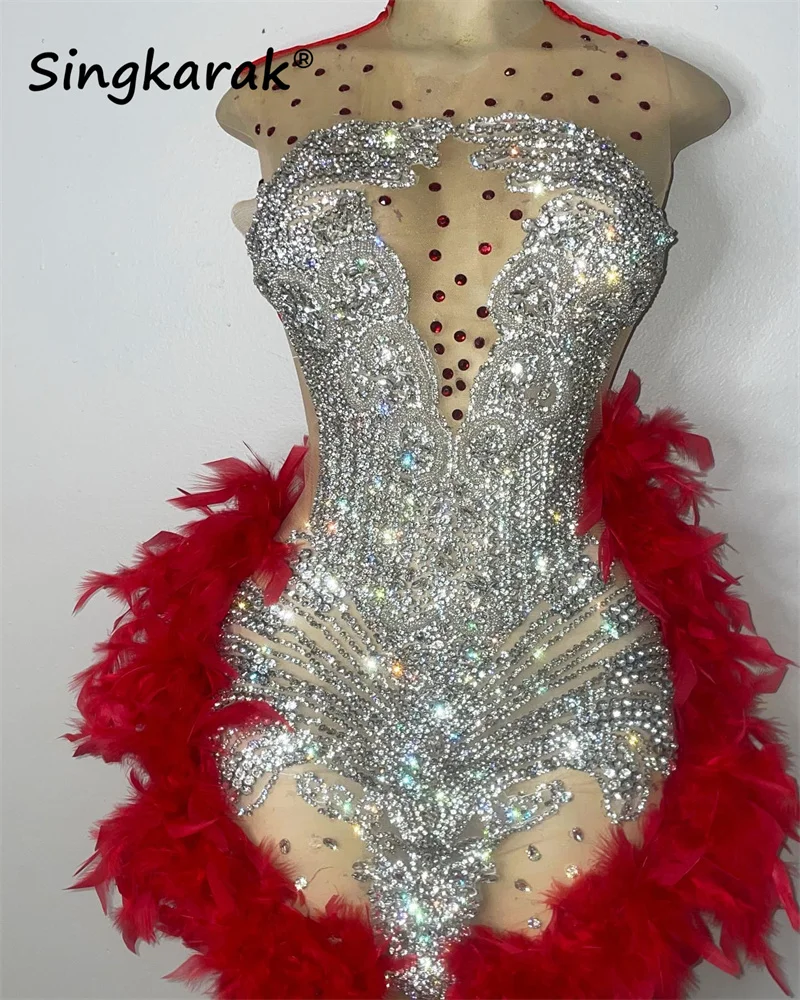 Sparkly Diamonds Short Prom Dress Glitter Bead Crystal Rhinestones Feathers Birthday Party Dress Cocktail Senior Graduation Gown