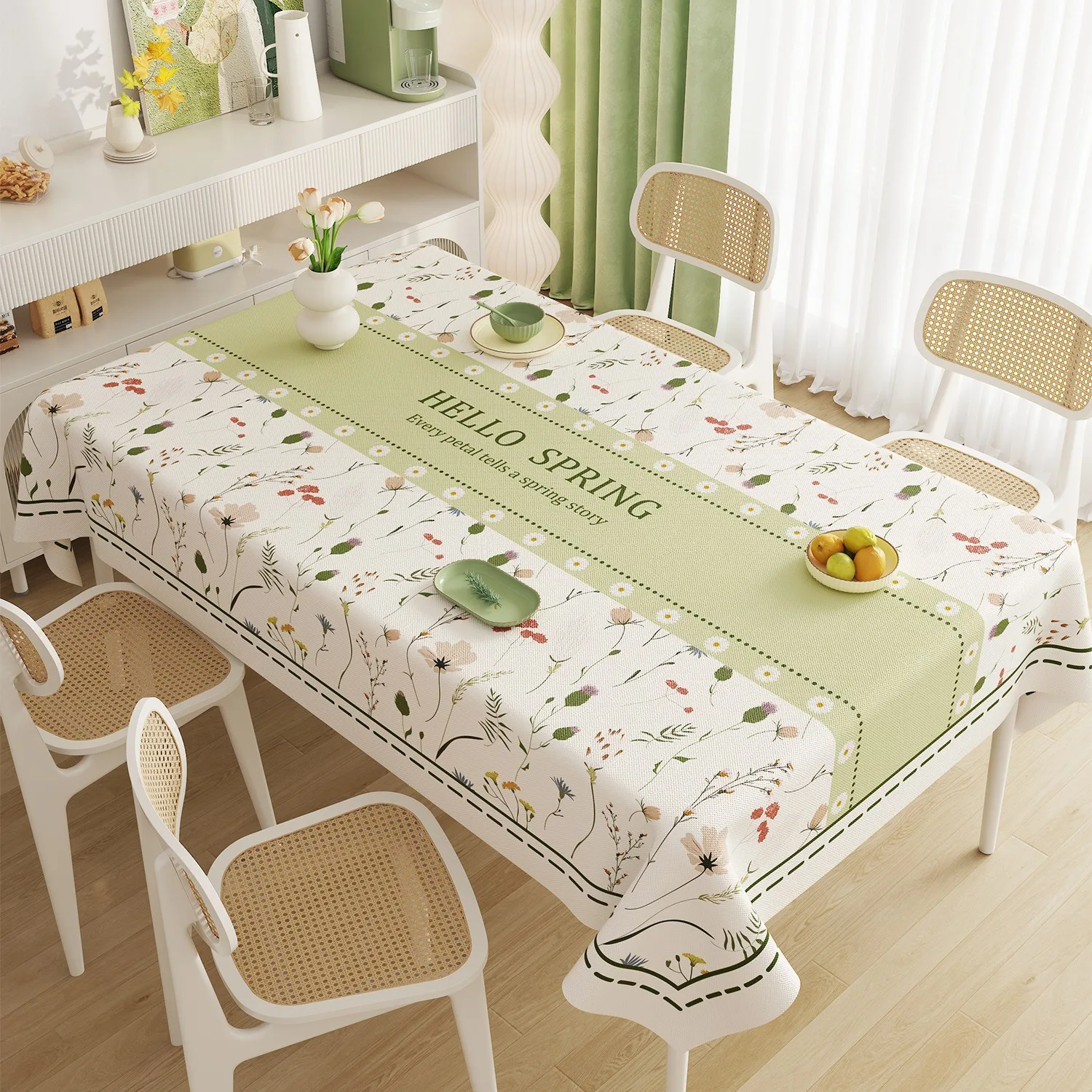 

Hello Spring Floral Tablecloth Pastoral Flower Table Cover Waterproof Dust-proof Rectangular Desk Cloth for Dining Room Party