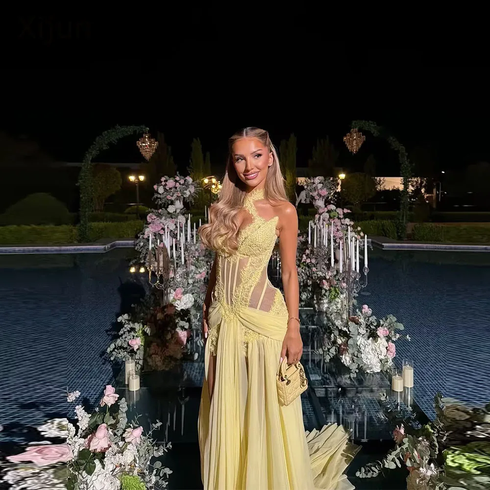 Xijun Sexy Baby Yellow Evening Dresses Lace Mermaid Pleated Sleeveless Long Prom Dresses Halter A-Line Prom Gowns Customized