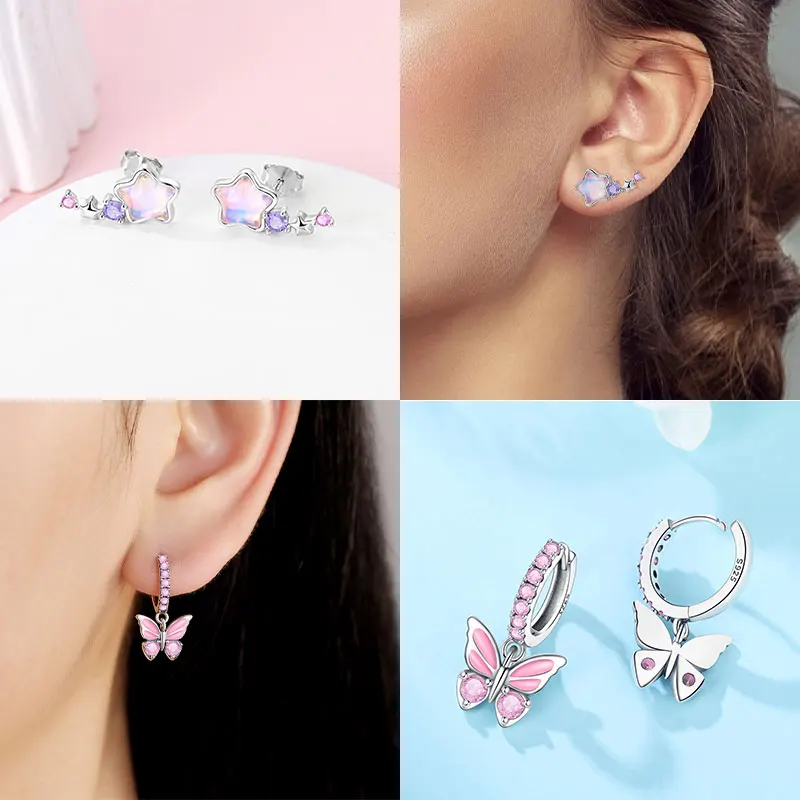 Pink Series 925 Sterling Silver Romantic Flower Butterfly Unicorn Tulip Geometry Earrings Boutique Fine Jewelry Gifts for Women