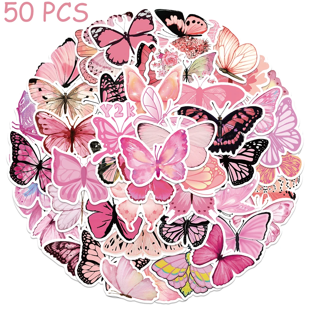 50 Stuks Roze Vlinder Stickers Stickers Voor Telefoon Laptop Skateboard Koffer Gitaar Esthetische Waterdichte Stickers Kinderen Geschenken