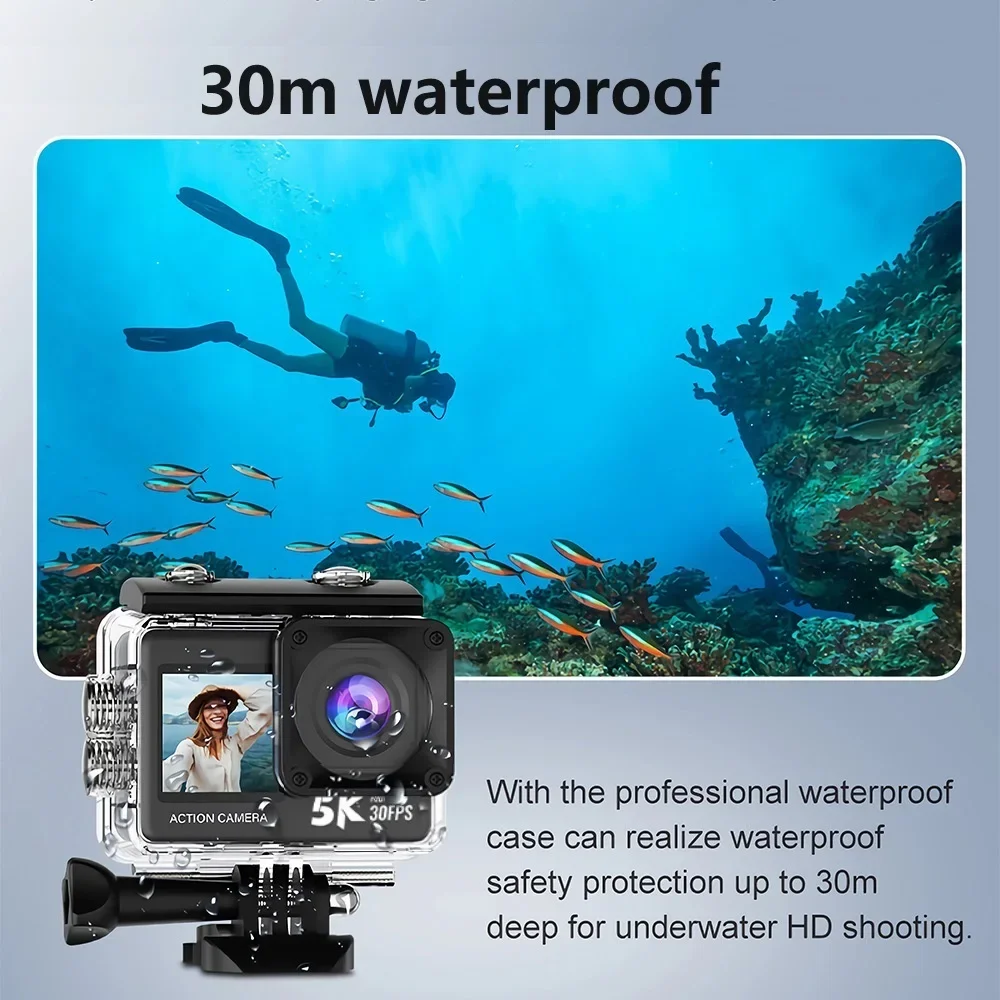 كاميرا الحركة 5K 4K60fps شاشات مزدوجة مضادة للاهتزاز EIS 2.0 WiFi 170D 5X تكبير تحت الماء كاميرا رياضية للتحكم عن بعد مقاومة للماء