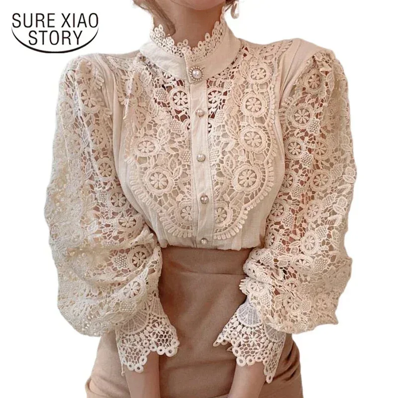 Shirt Women Blusas Mujer De Moda Office Lady Flower Blouse Spring Hollow Out Lace  Stand Collar Button Female Clothing 12419