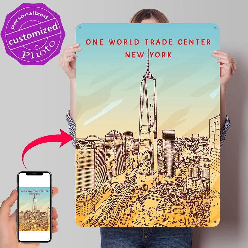 One World Trade Center 3D Printed Texture Poster Personalized Wall Art Retro Metal Tin Signs for Decoration Room Ornaments Decor