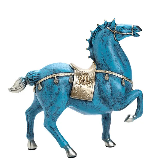 xx-Chinese Blue Warriors Horse Ornaments Home Livingroom Desktop Sculpture Decoration Study Room Table Figurines Accessories
