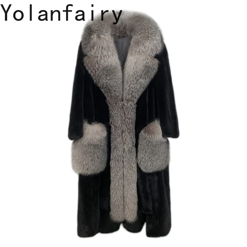 YOLANFAIRY Velvet Mink Real Fur Jacket Whole Mink Fluffy Overcoat Winter Fox Fur Collar Tops Overcoat Long Fur Coat 110cm Шуба