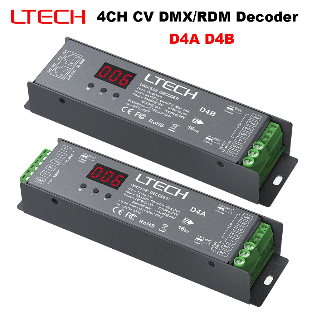 

LTECH D4A 4CH CV DMX512/RDM Decoder D4B ( Slave Green Terminal / RJ45 DMX interfaces) Smart Control Programming DC12-48V