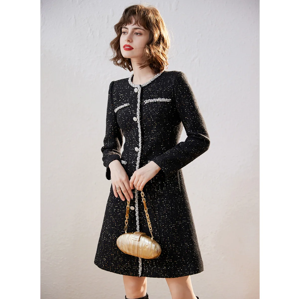 LOUIS YAO 2025 Autumn Winter Socialite Style Sequin Round Neck Elegant Nail Bead Ribbon Decoration Medium Long Dress for Women