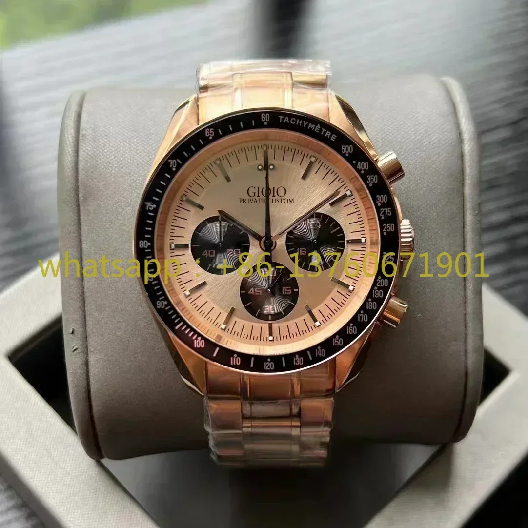 2023 Luxury Men's Quartz Chronograph VK63 Movement Watch Stainless Steel Rose Gold Green Speed Leather Moonwatch