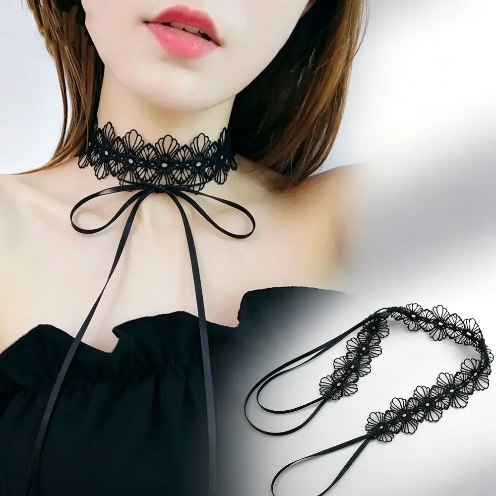 Harajuku Gothic Black Lace Bow Choker Necklace Dark Sweet Collar Jewelry Vintage Sexy Neck Accessories for Women Party Gifts