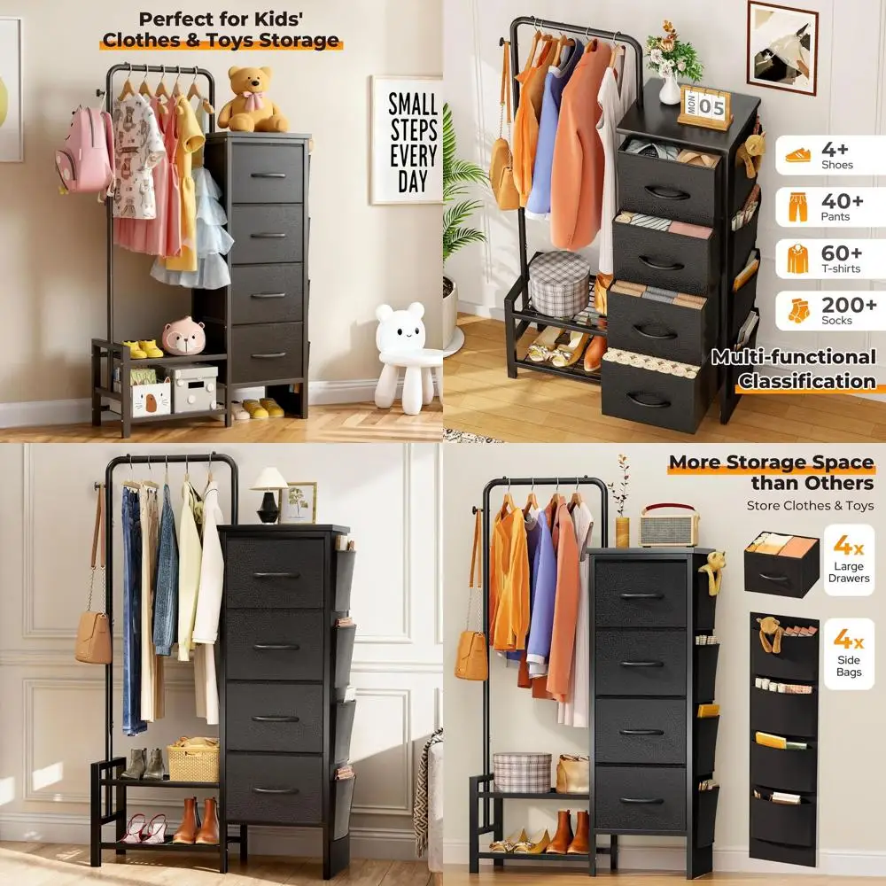 

4-Tier Garment Rack with Side Pockets, 52 Height, Ideal for Bedrooms and Living Spaces - Black