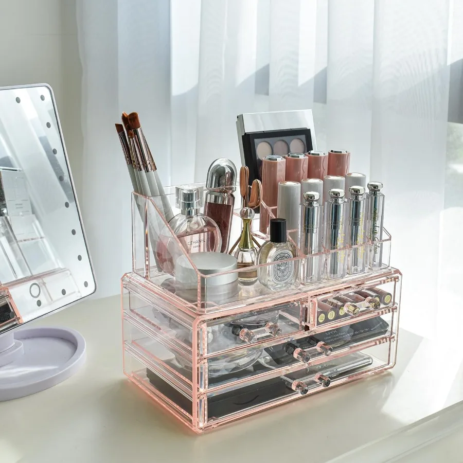 Caixa de exibição de armazenamento de cosméticos de jóias rosa conjunto de duas peças organizador suporte de maquiagem para vaidade solução de organização de economia de espaço