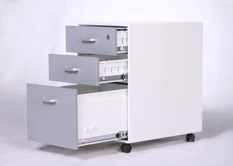 White & Grey Metal Mobile Pedestal, 3-Drawer Lockable File Cabinet, Rolling Under Desk Storage For Office