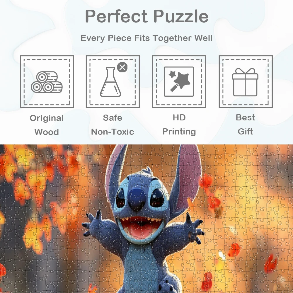 Stitch Disney Holzpuzzle, Herbstblätter, lustiges Familienspiel für Kinder und Erwachsene, leuchtendes Orange und rotes Laubspiel, Spielzeug, Hobbys