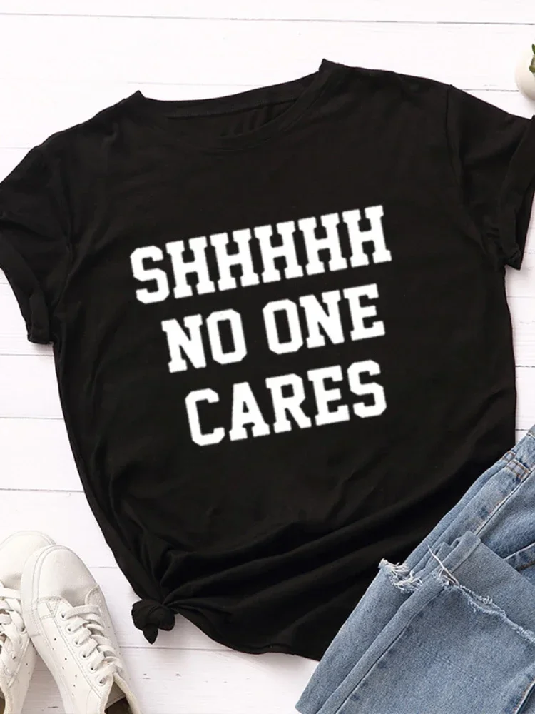 T Shirt No One Cares Print Women  Crop Tp Short Sleeve O Neck Loose Women Short Shirt Skin-Friendly Fashion Casual Female Tops