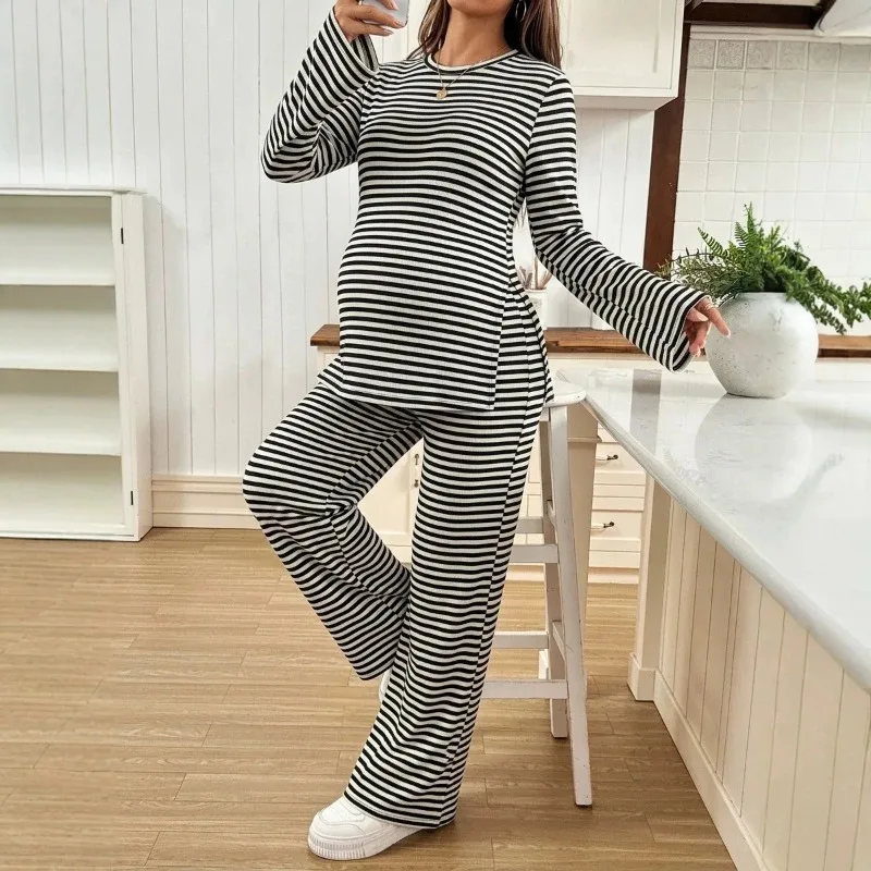 Pregnant Women Two-piece Outfit Maternity Striped Long Sleeve T-shirt + Adjustable Waist Pants Autumn Winter Pregnancy Clothing - view 4