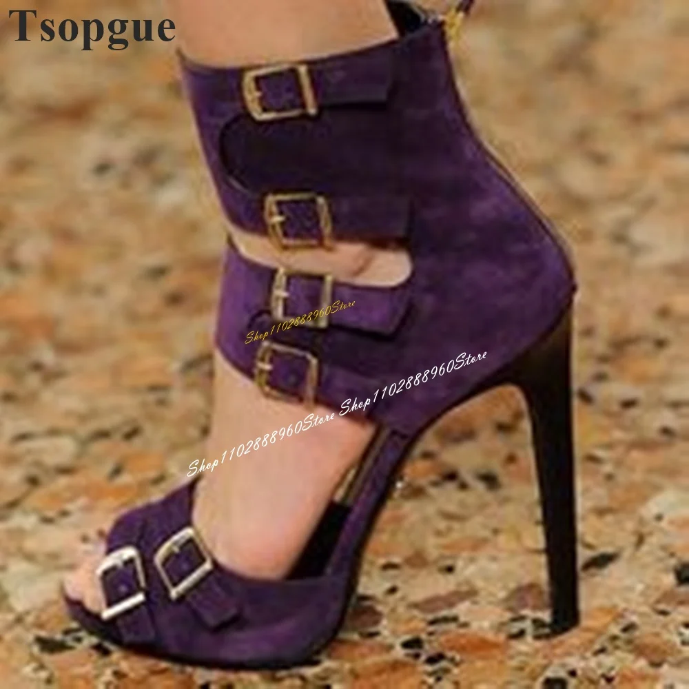 

Stylish Purple Flock Buckle Strap Strappy Sandals Thin High Heel Women Shoes Back Zipper Peep Toe 2024 Sexy Zapatos Para Mujere