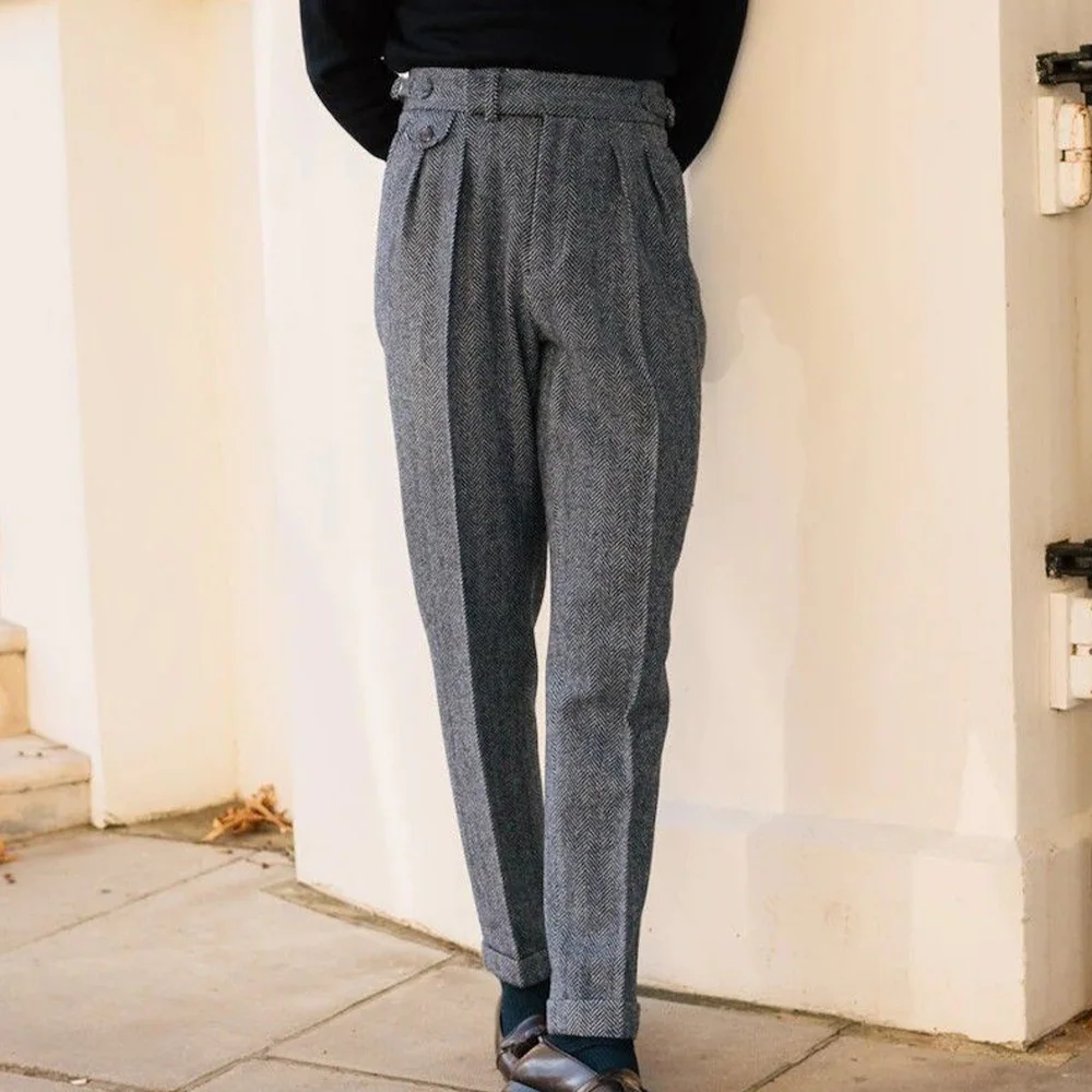 

Mens Herringbone Low Rise Pleated Tapered Trousers Casual Business Office Wear Comfortable Breathable Slim Fit Pant Chino for Me