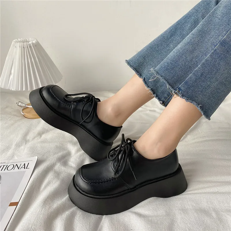 Womens Derby Shoes Female Footwear Clogs Platform British Style Leather Dress Creepers New Preppy Summer Retro Rubber PU Spring