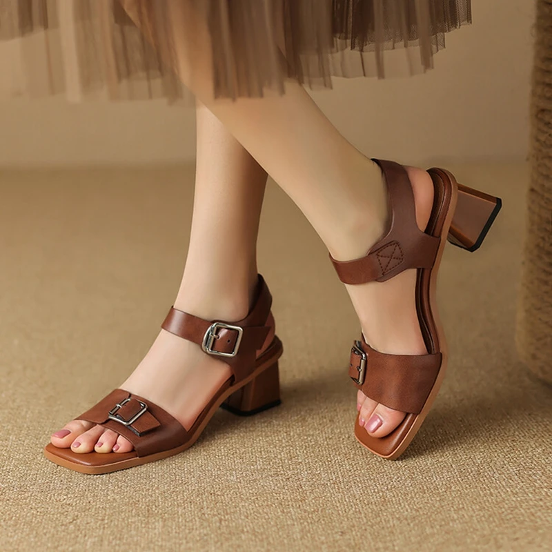 2023 Summer Women Shoes Square Toe Chunky Heel Women Sandals Split Leather Shoes for Women Solid Band Shoes Buckle Black Shoes