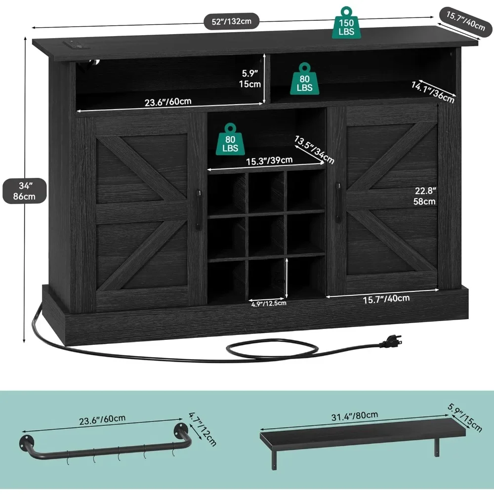 Buffet de ferme avec prise de courant, armoire de bar à café, étagères flottantes, portes de grange, armoire de bar, 52 po