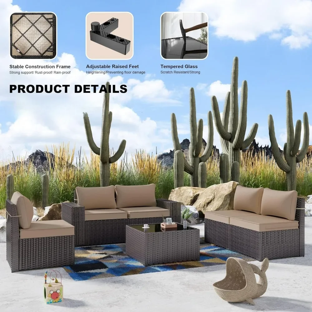 6PCS Outdoor Patio Furniture Set PE Wicker Rattan Sectional Sofa Patio Conversation Sets, Khaki, Outdoor Sofa Set