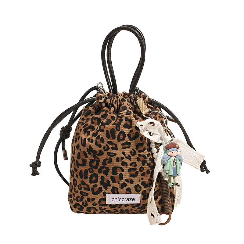 

Модная тканевая сумка-ведро с леопардовым принтом на шнурке, осенняя повседневная и универсальная сумка через плечо, изысканная мини-сумка для мобильного телефона
